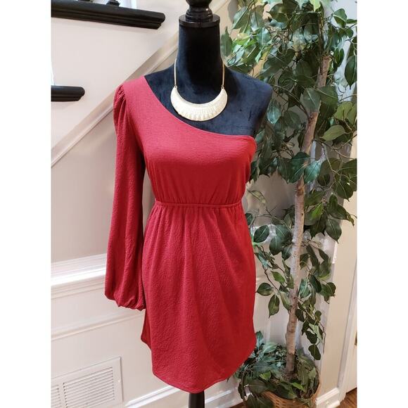 Judith March Women's Red Polyester Pleated One Shoulder Fit & Flare Dress Large - Picture 1 of 11